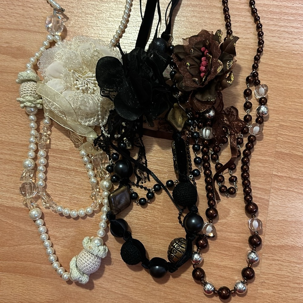 Bundle of 3 Beaded Necklaces - Black/White/Brown